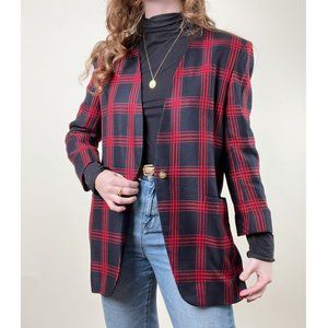 Vintage Long Plaid Oversized Blazer Jacket Coat Trench Peacoat Preppy Academia